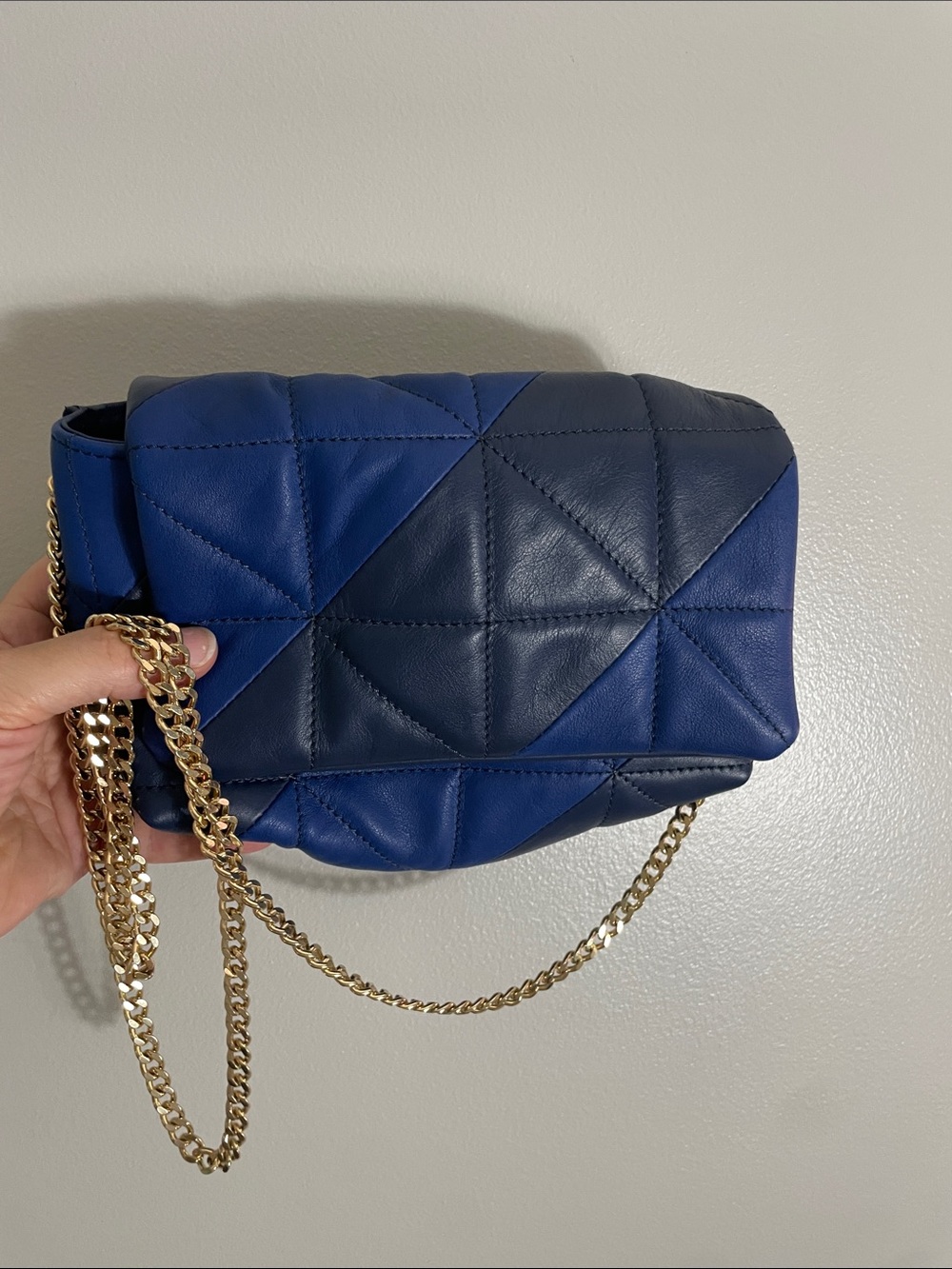 Quilted Two-Tone Navy and Royal Blue Leather Crossbody with Gold Chain